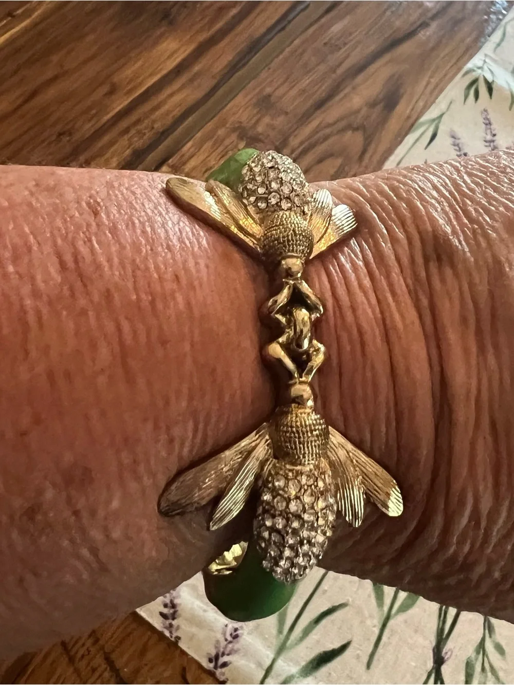 Gold-Tone Hinged Double Bee  Bracelet with Green Enamel and Crystal Accents